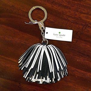 KATE SPADE Black Cream Leather Tassel Keychain NWT